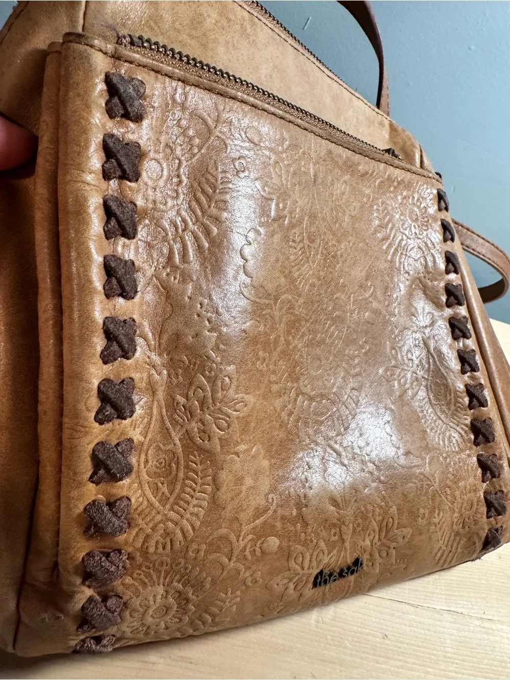 The Sak Brown Floral Embossed Zip Satchel Top Handle Detachable Strap